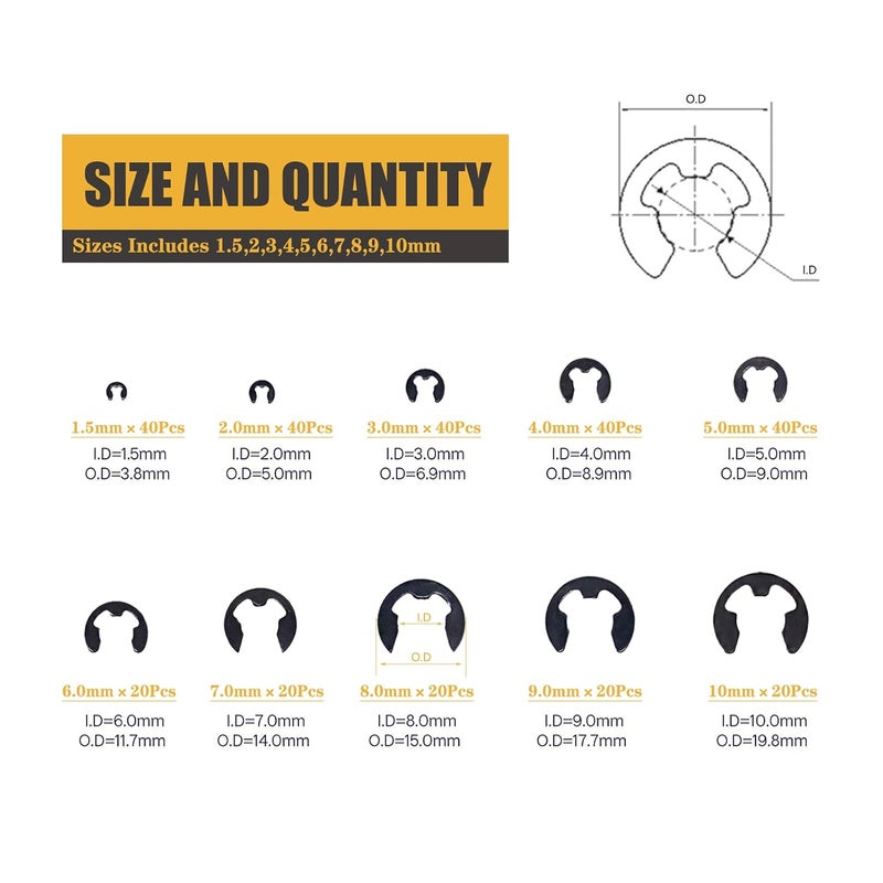 MARSTEK 300Pcs Black Alloy Steel E Clip Assortment Kit E-Clip External Retaining Ring Assortment Set (M1.5-M10,300 PCS) - Image 2